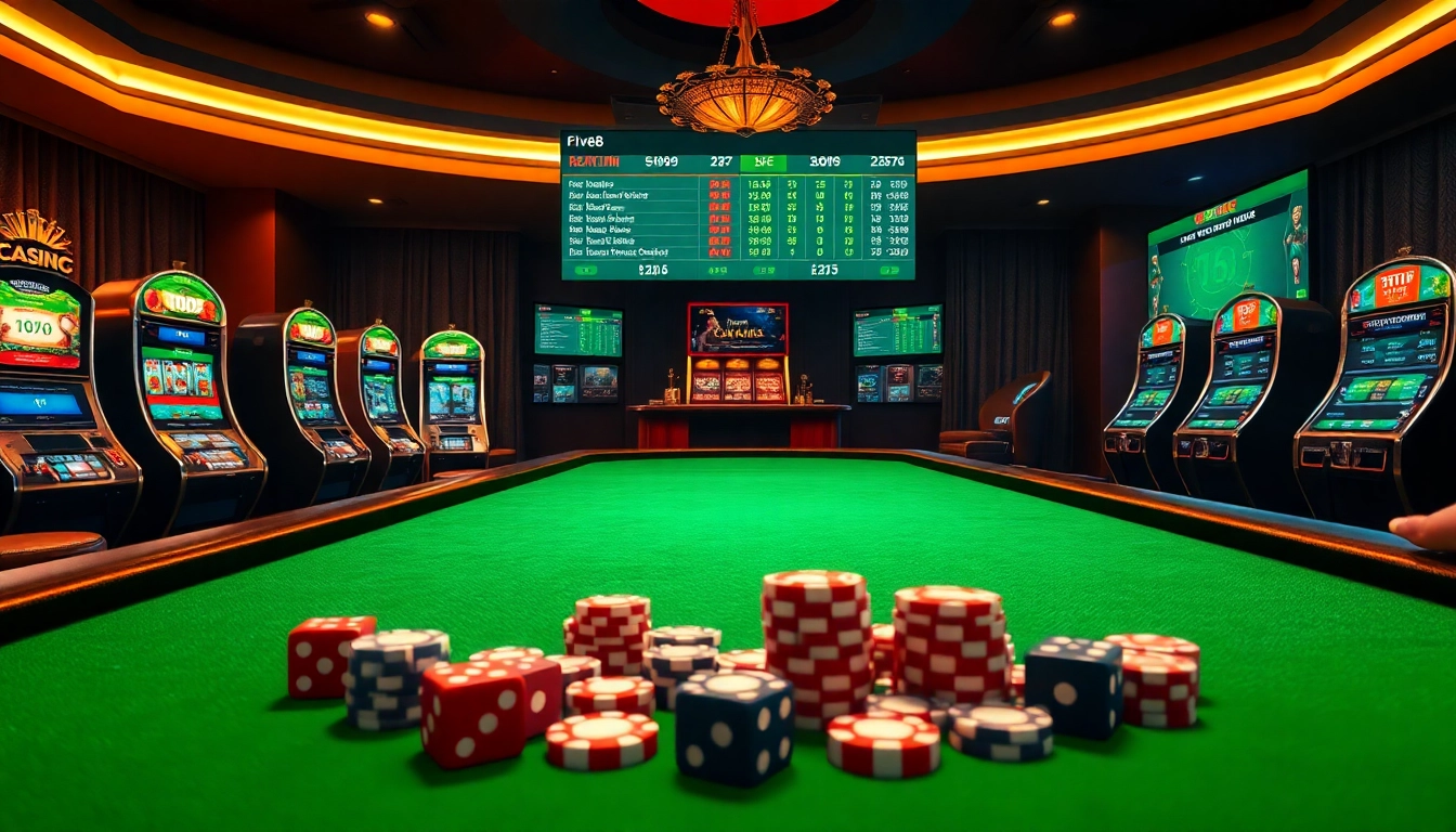 An engaging gambling scene inspired by https://five88.za.com/ showcasing poker chips, a betting table, and interactive screens.