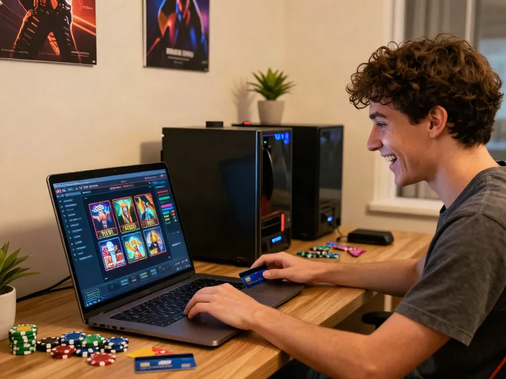 Slots that accept credit cards shown on a laptop with gaming elements creating an engaging atmosphere.