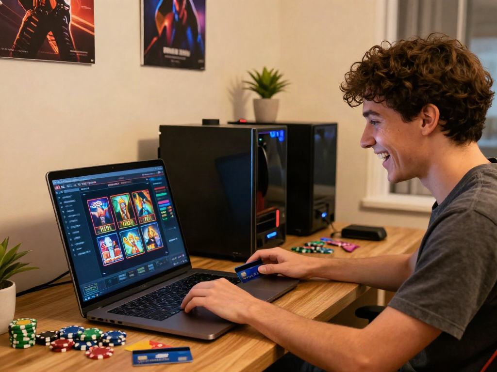 Slots that accept credit cards shown on a laptop with gaming elements creating an engaging atmosphere.