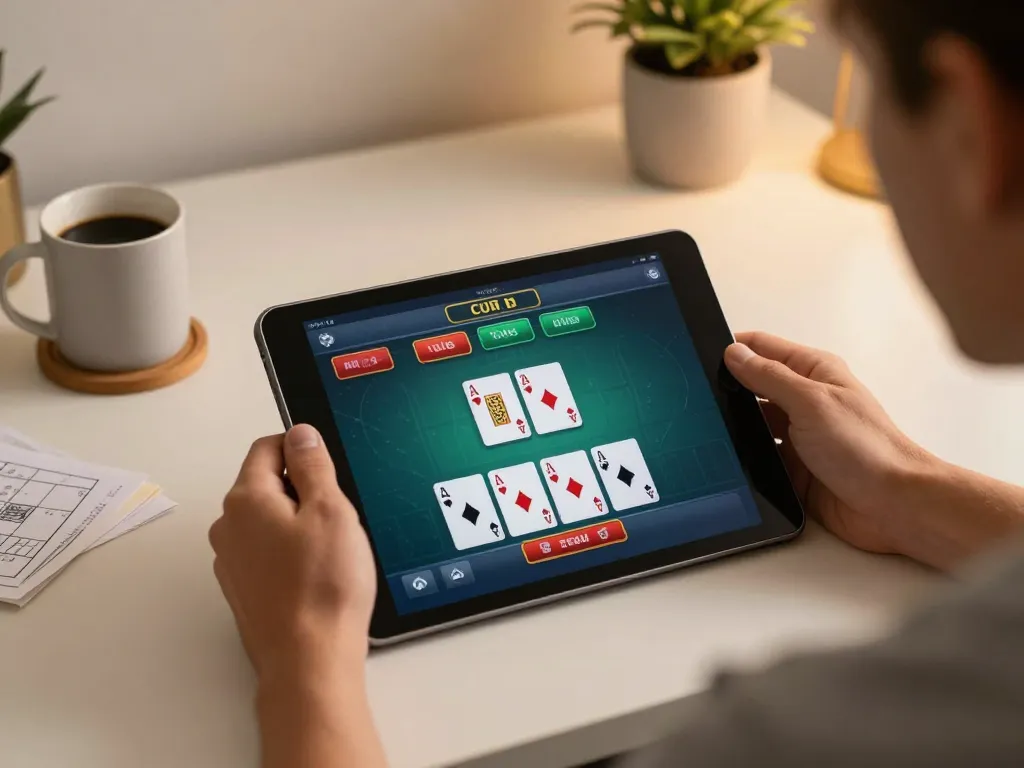 Player engaging in sunwin online blackjack game at home, screen displaying cards and strategy notes.