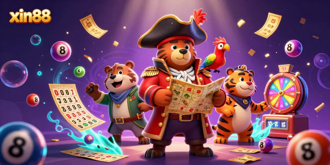 Exciting xin88 gameplay scene with pirate captain bear, fierce tiger, and colorful lottery elements.
