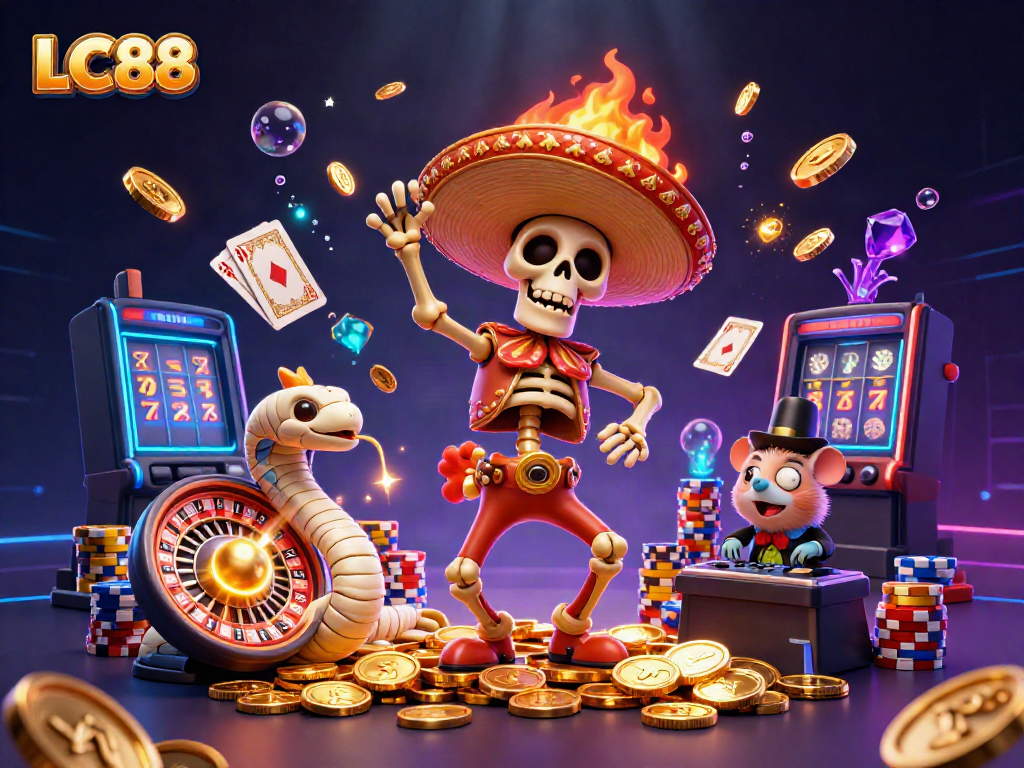 LC88 engages players with a vibrant 3D casino scene featuring dynamic characters and casino elements.