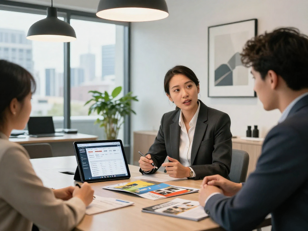 Real estate agent showcasing IDXSTAR listings to clients in a modern office setting.