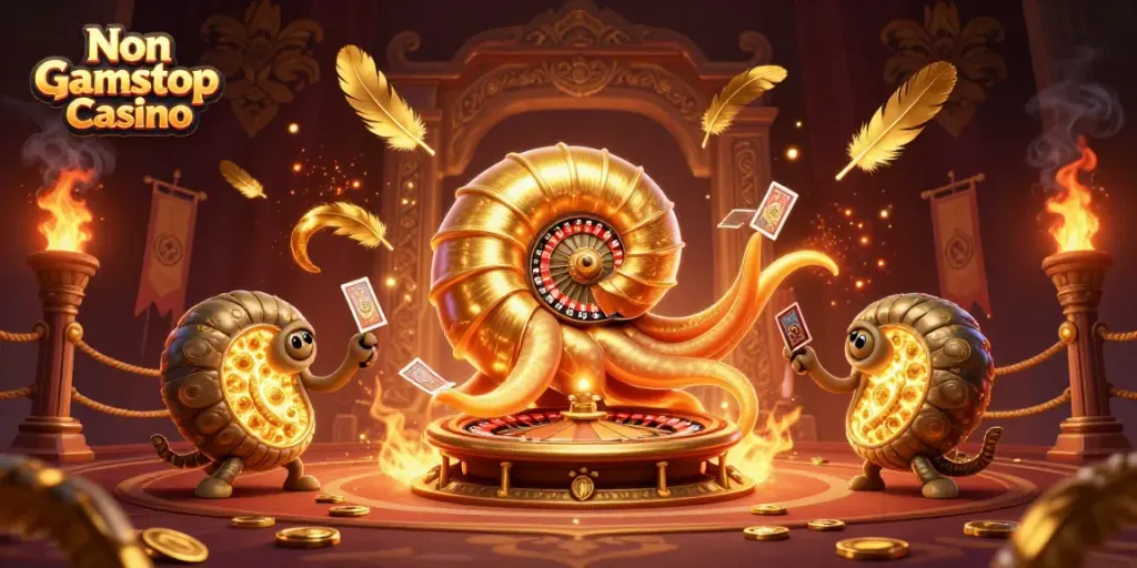 Engaging visual of a Non Gamstop Casino featuring a giant nautilus roulette wheel and glowing ammonite companions