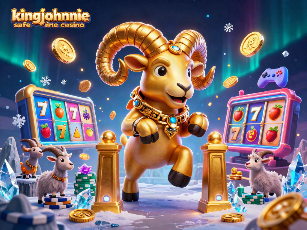 Engaging scene showcasing kingjohnnie safe online casino with lively golden ram and slot elements in 3D.