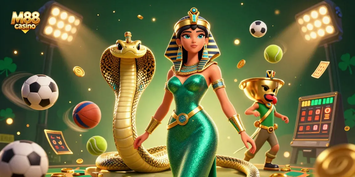 Bet on M88 casino with engaging sports and game elements illustrated in a vibrant 3D scene.