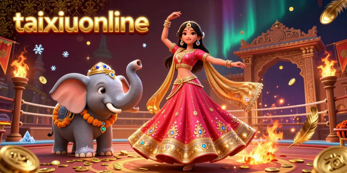 Experience thrilling taixiuonline gameplay with a vibrant 3D scene featuring a semi-realistic Asian woman, elephant, and casino elements.
