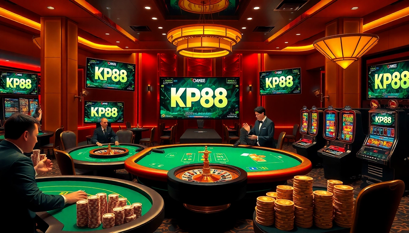Players enjoying an exciting game night at KP88 casino with poker tables and vibrant slot machines.