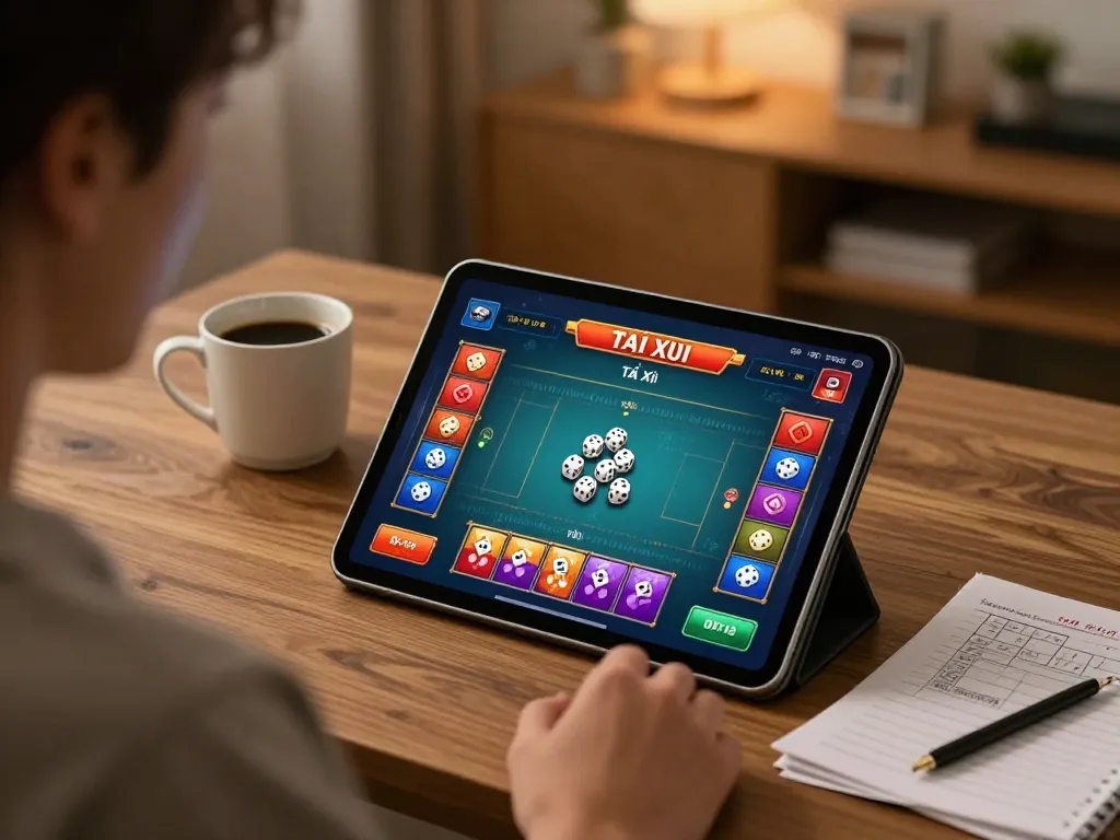 Tài Xỉu gameplay on tablet showcasing the immersive experience offered by taixiuonlinego in a cozy home setting