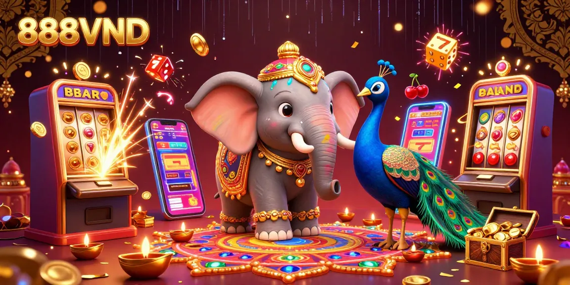 Win big at 888VND with a vibrant jackpot explosion from slot machines and festive 3D characters.