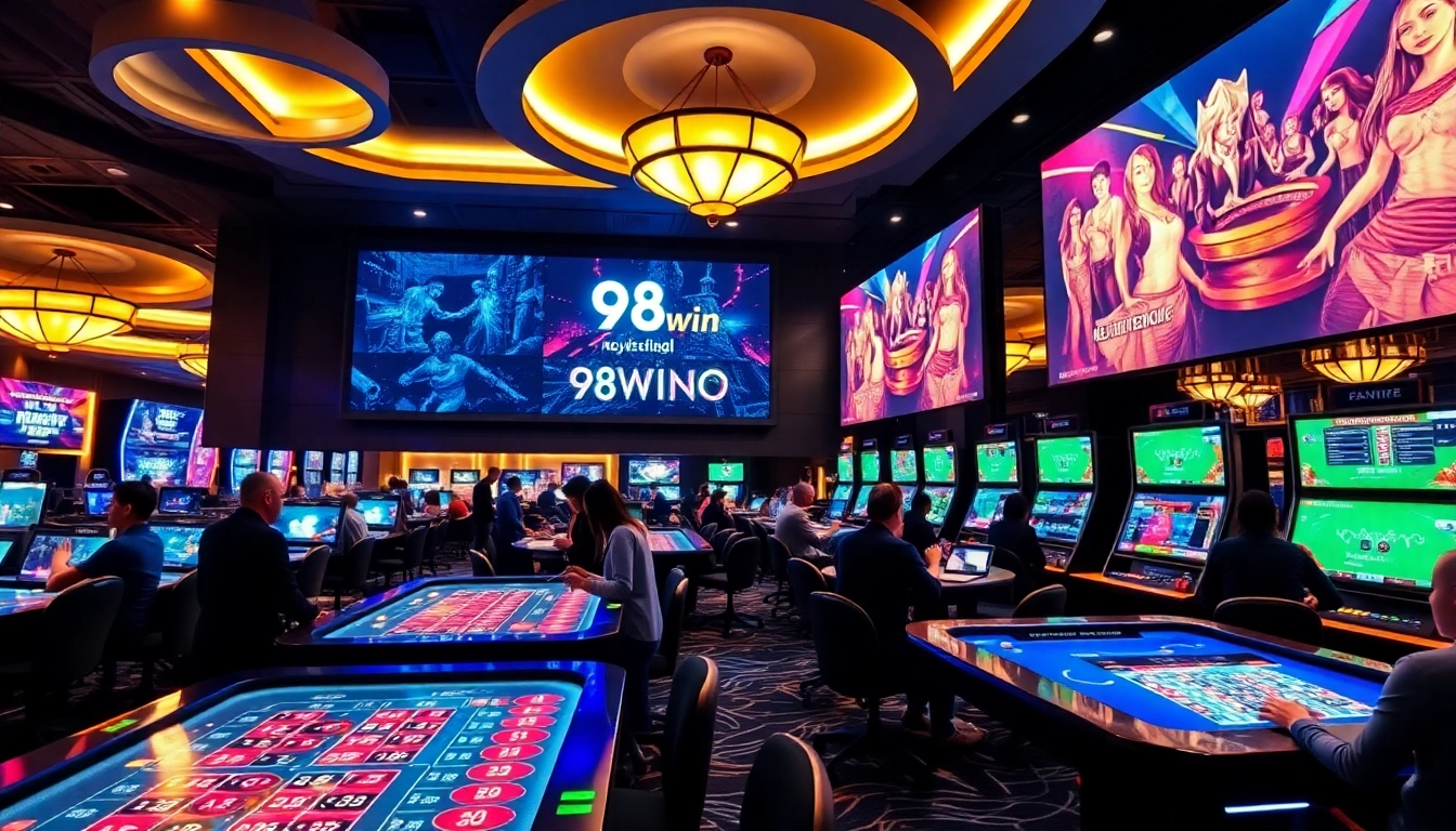Exciting gaming experience at 98win casino with vibrant lighting and engaged players.