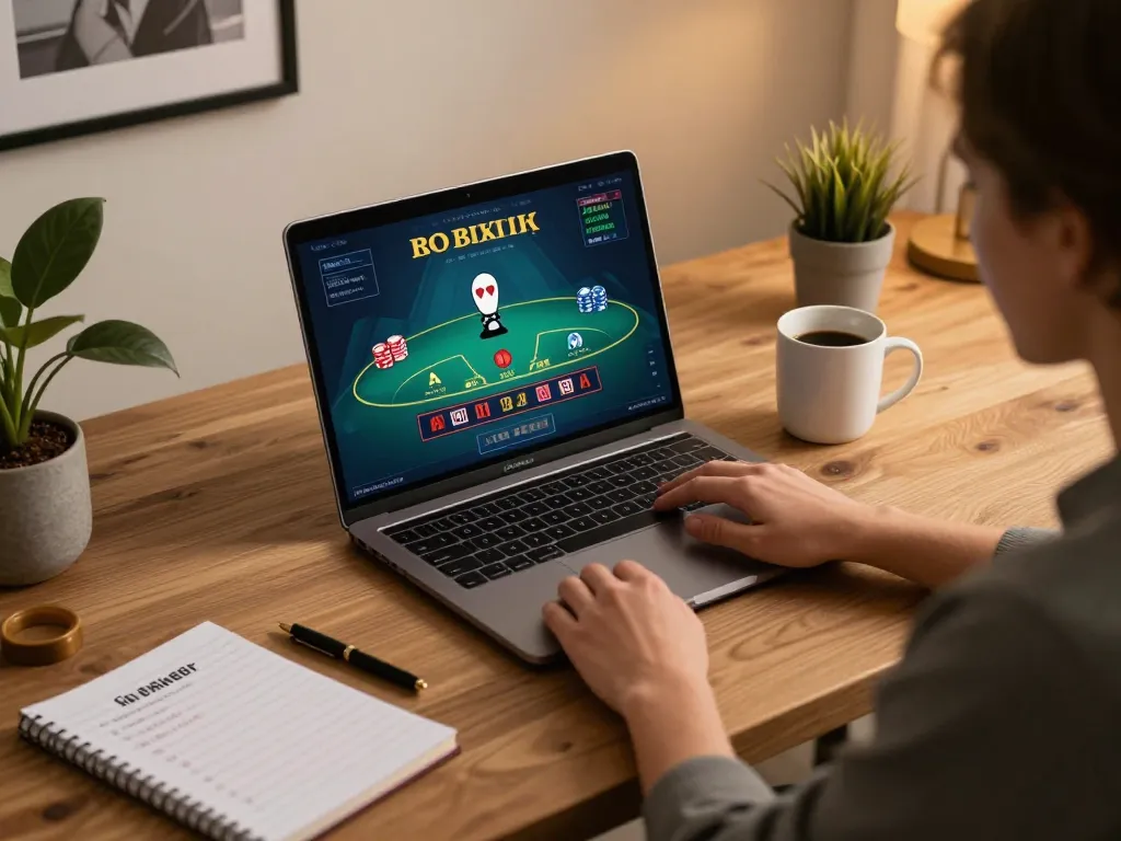 Nhà cái FC88 player engaged in a live blackjack game on a laptop, showcasing a modern home setup with betting notes