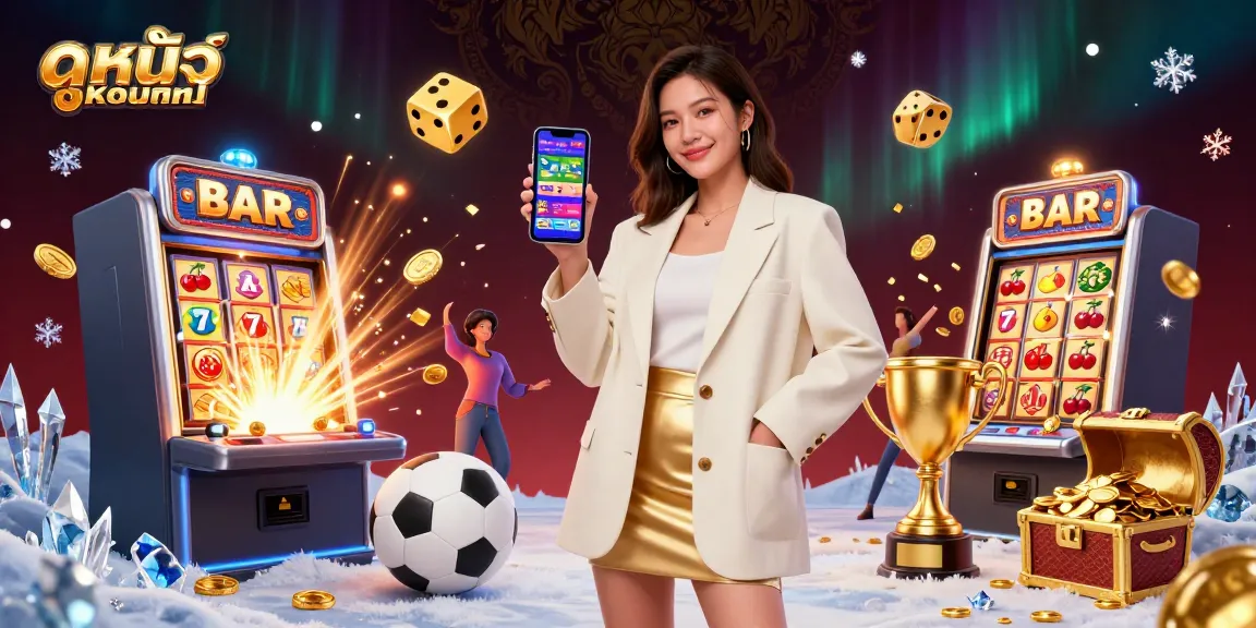 Play ดูหนังออนไลน์ with engaging visuals of an Asian woman showcasing a sports betting app.