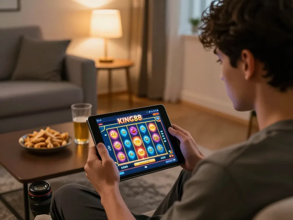 Player enjoying the winning experience with KING88 casino app on tablet in cozy home setting