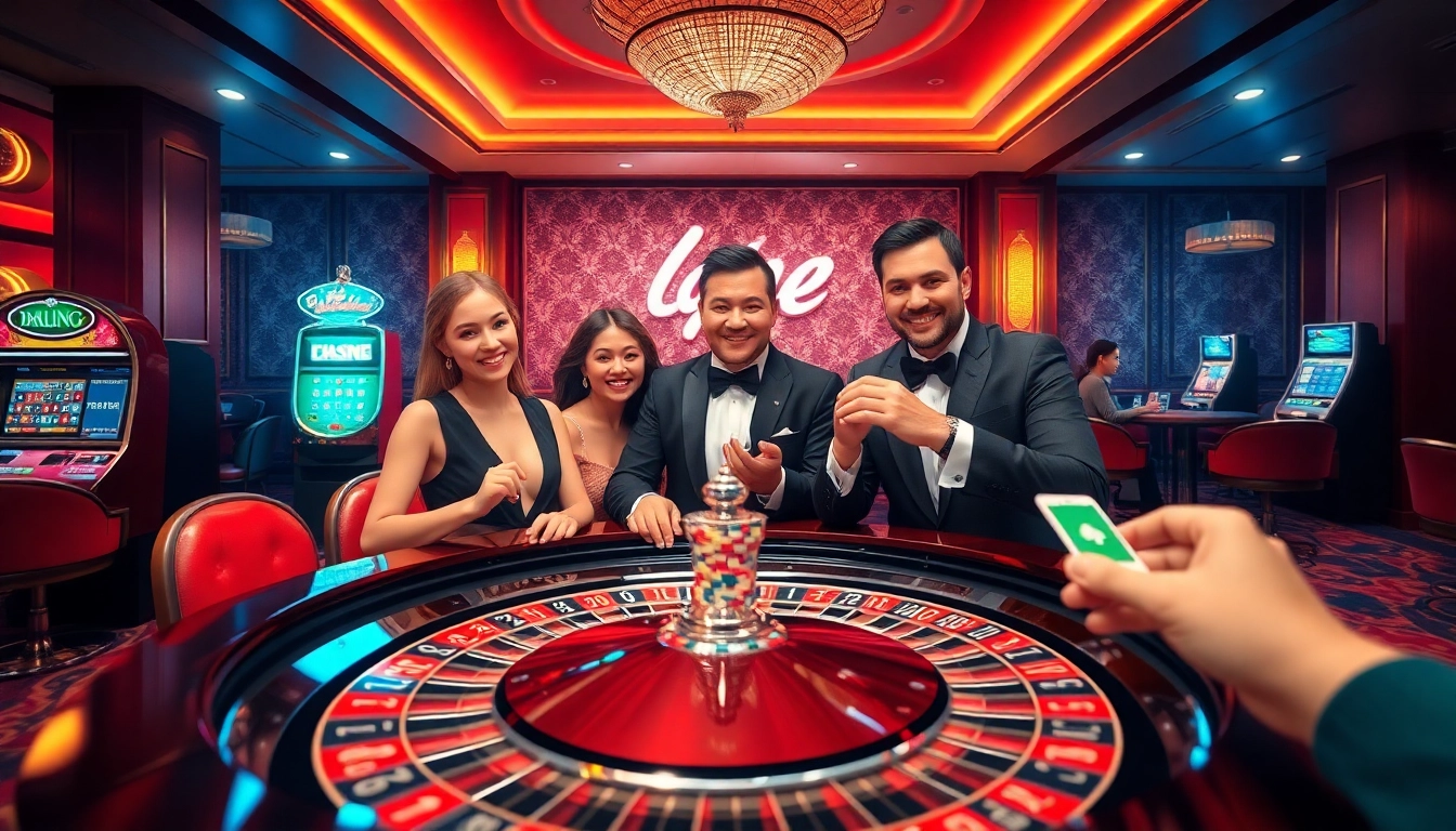 Engaging gamblers at nhà cái tg88 in an exciting casino with roulette and slot machines.