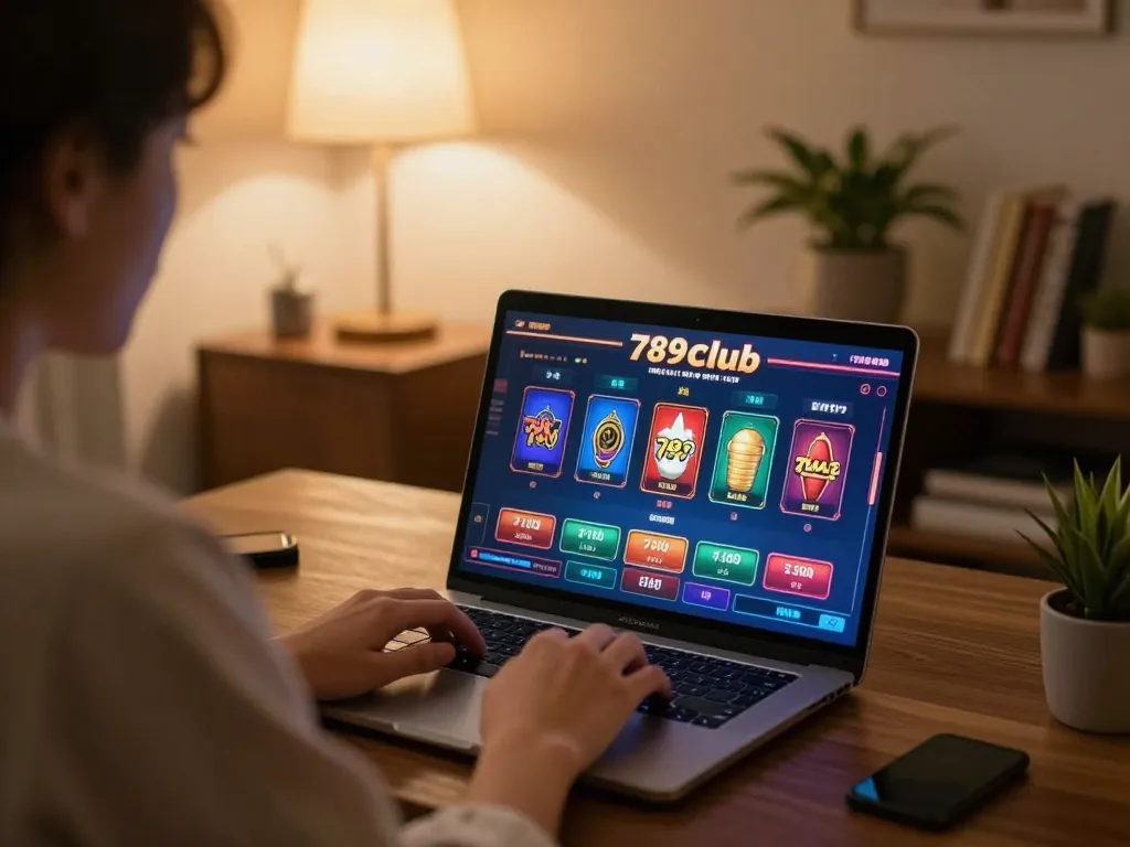 Playing games on 789club laptop in cozy home setup with inviting warm light.