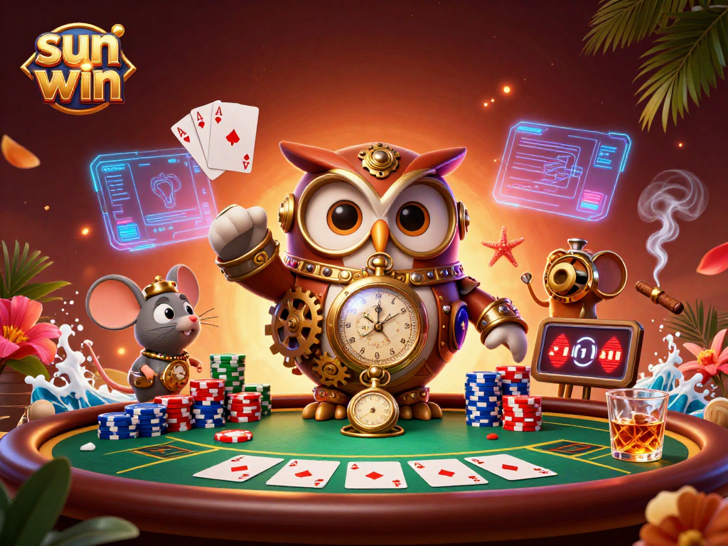 Experience thrilling moments at sun win with a dynamic poker scene featuring whimsical characters and vibrant casino elements.