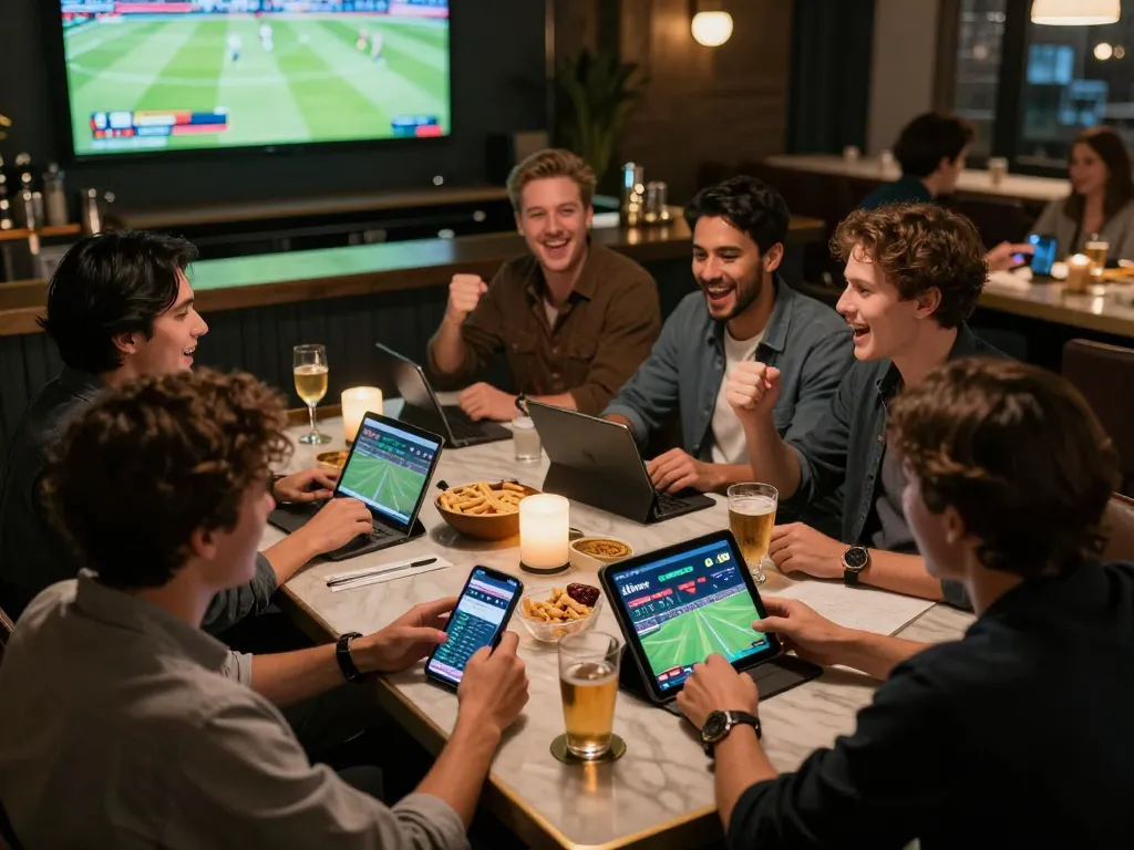 Friends engaging in dynamic sports betting with the 8live app, celebrating game moments