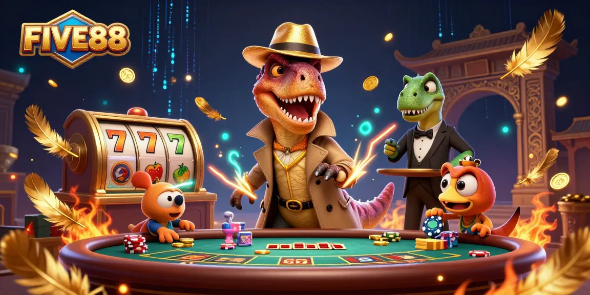 FIVE88 showcases a velociraptor card counter and casino action at a blackjack table.