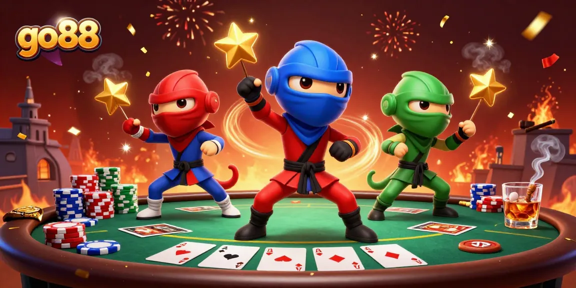 go88 ninjas competing at a vibrant poker table amidst dynamic casino elements