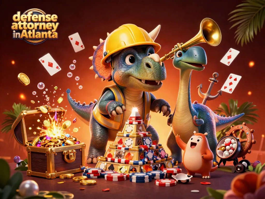 Experience the vibrant scene with the defense attorney in Atlanta amidst lively casino elements and 3D characters.