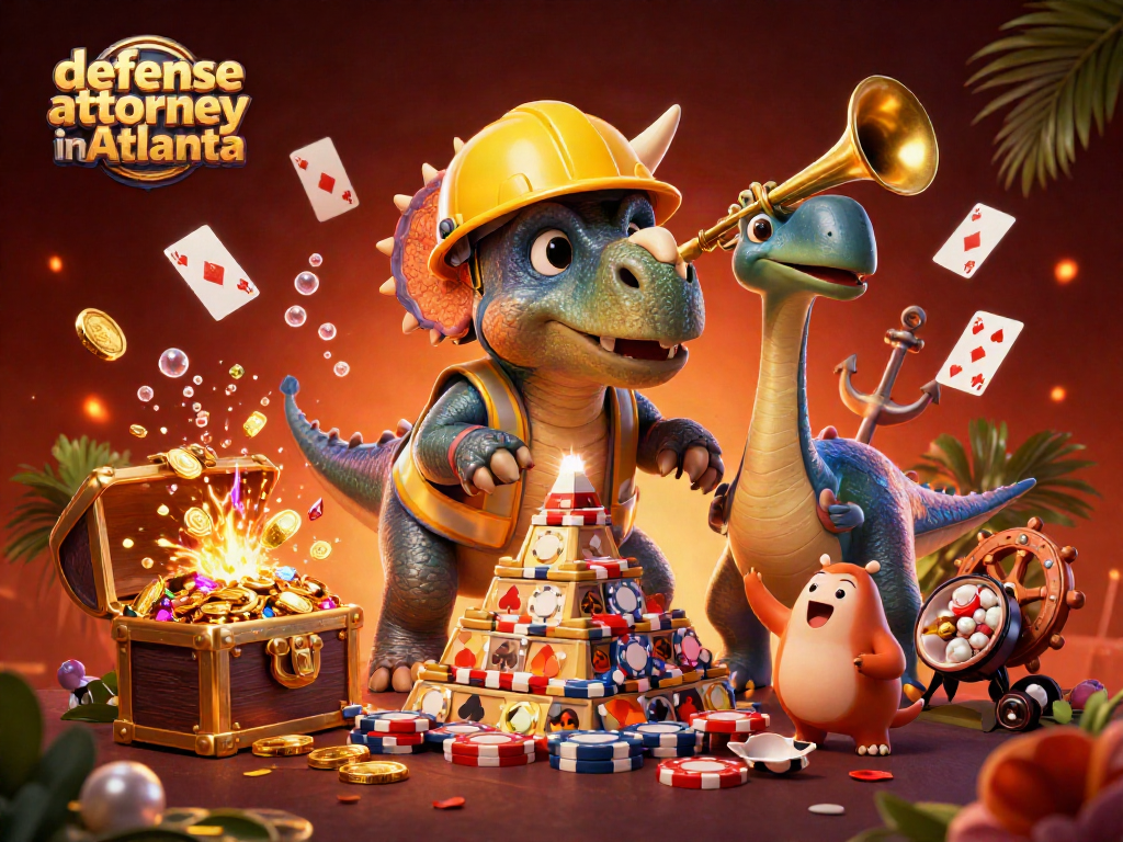 Experience the vibrant scene with the defense attorney in Atlanta amidst lively casino elements and 3D characters.