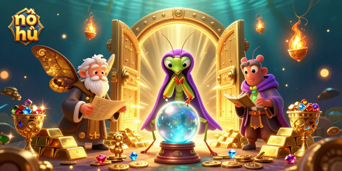 Spin the nổ hũ slot reels with a mystical fortune teller and treasures.