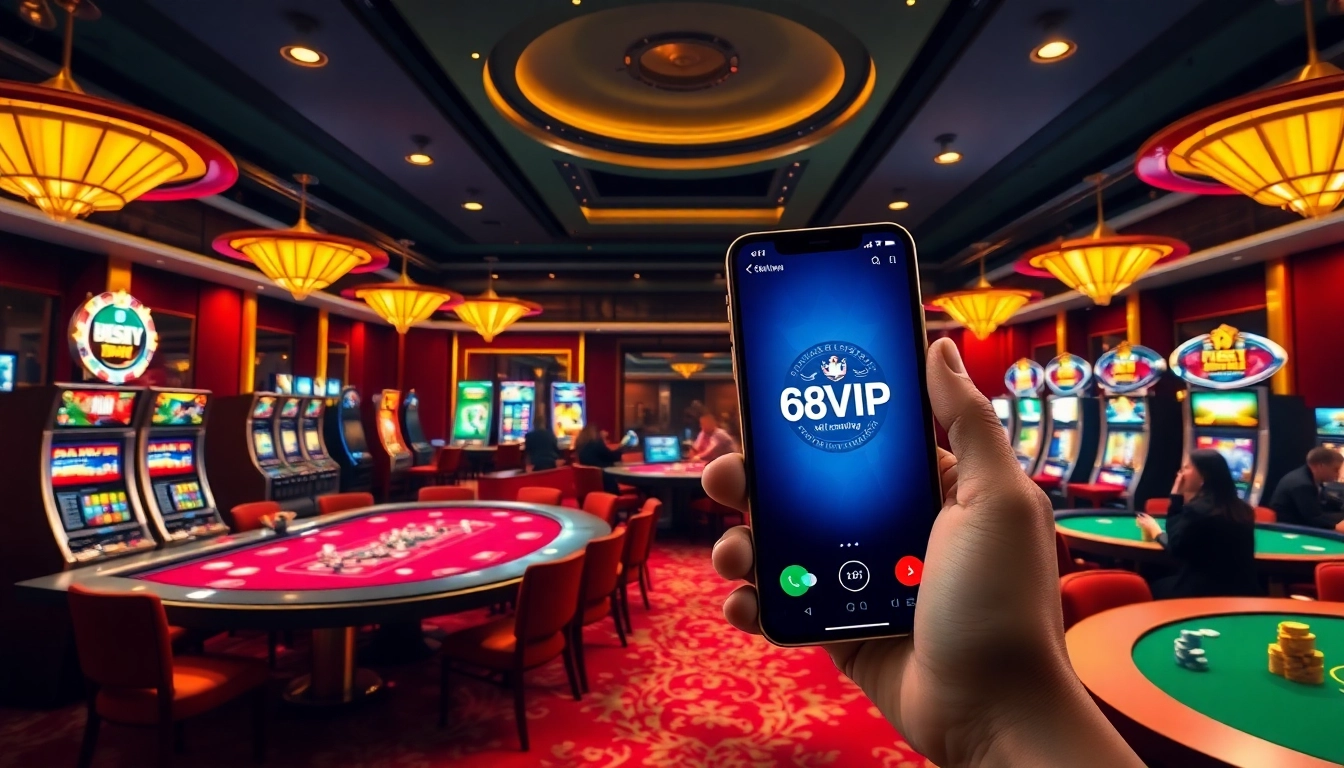 Tải App Nhà Cái 68VIP on a smartphone displaying exciting casino games in a luxurious environment.