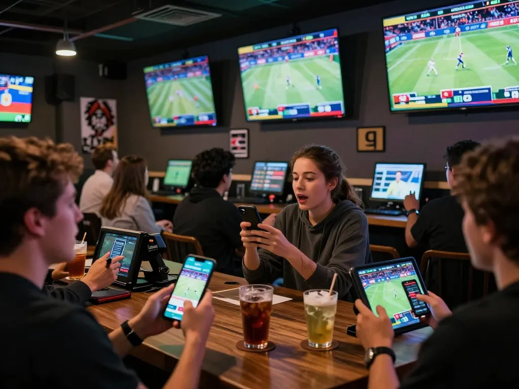 People engaging in sports betting at a modern sports bar while using the tylekeonhacai88 app to place bets
