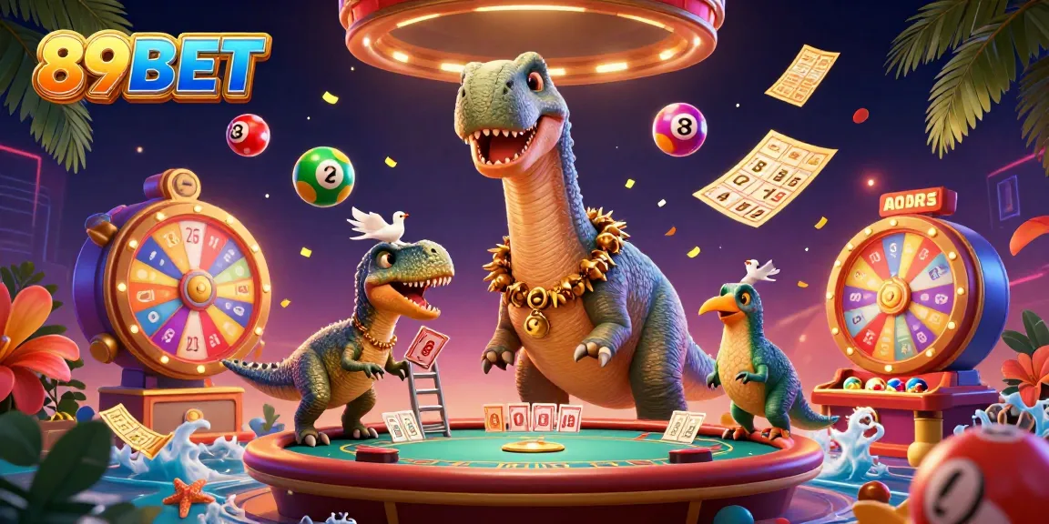 Engage with thrilling gaming at 89BET, featuring a brontosaurus eyeing a poker table in a vibrant casino.