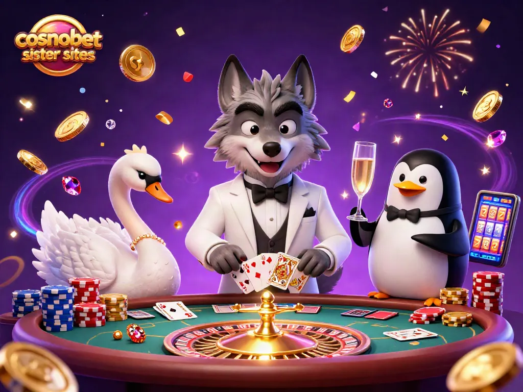 Experience the thrill of cosmobet sister sites with a vibrant casino-themed illustration.