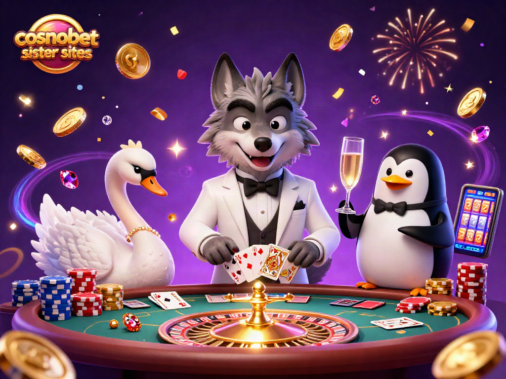 Experience the thrill of cosmobet sister sites with a vibrant casino-themed illustration.