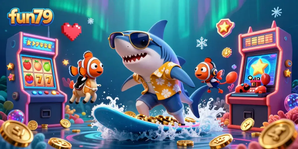 Experience exciting fun79 gaming with vibrant 3D illustration of a shark, clownfish, and DJ crab