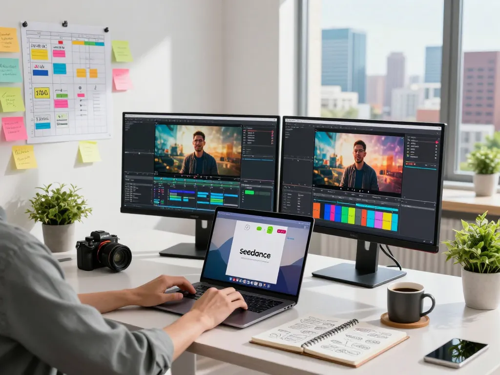 Create stunning videos with Seedance AI in a modern creative workspace, featuring vibrant displays and an inspiring atmosphere.