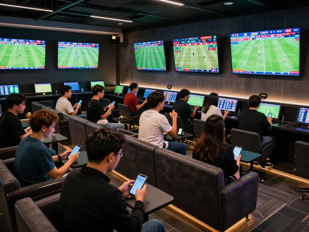 Engaged bettors analyzing tỷ lệ kèo nhà cái during live football matches in a modern sportsbook.