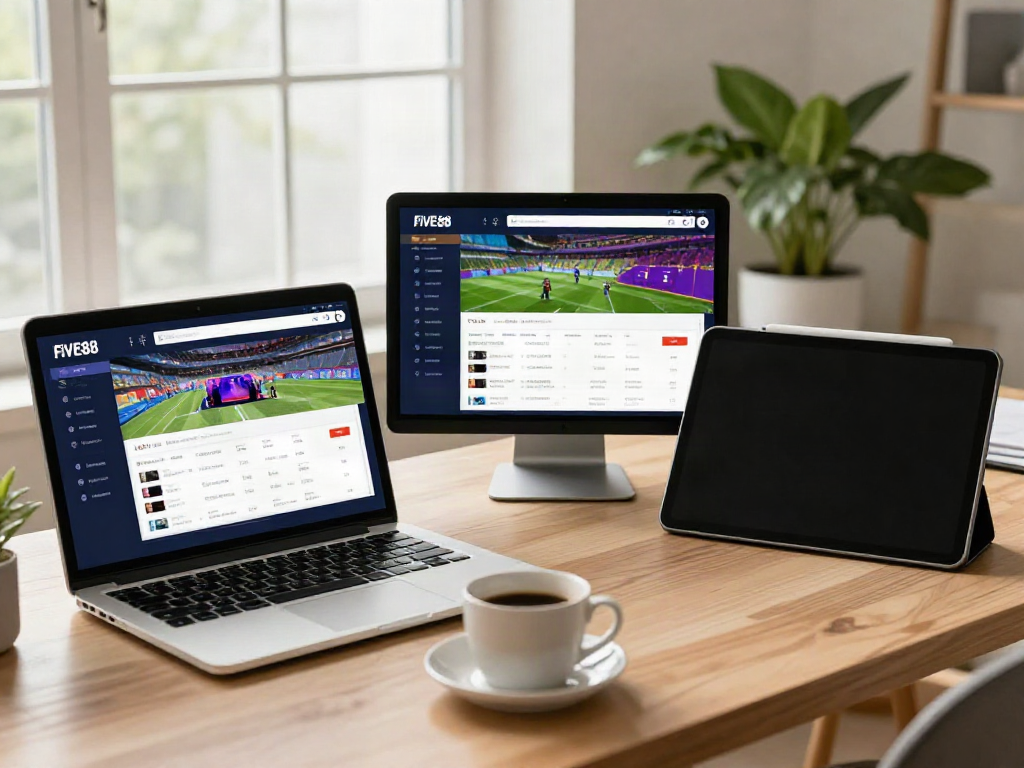 Engaging FIVE88 online betting interface displayed on multiple devices in sunny home office.