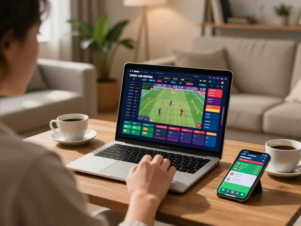 Engaging sports betting scene with a user analyzing odds on 789F platform