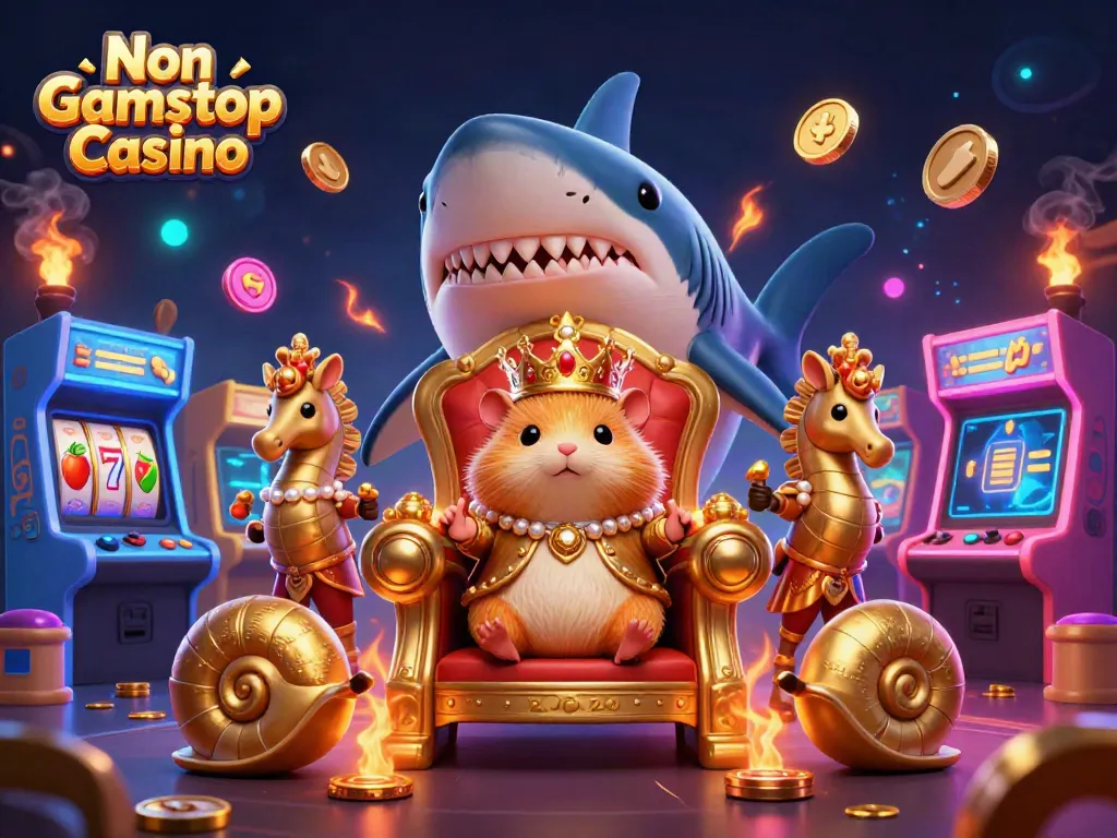 Play slots and games at the Non Gamstop Casino, featuring a whimsical 3D gaming illustration.