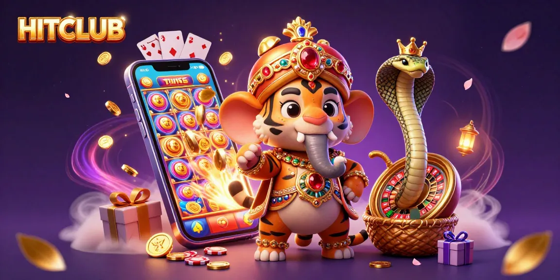 Play with HITCLUB's captivating 3D illustration of a maharaja tiger at a vibrant casino setup.