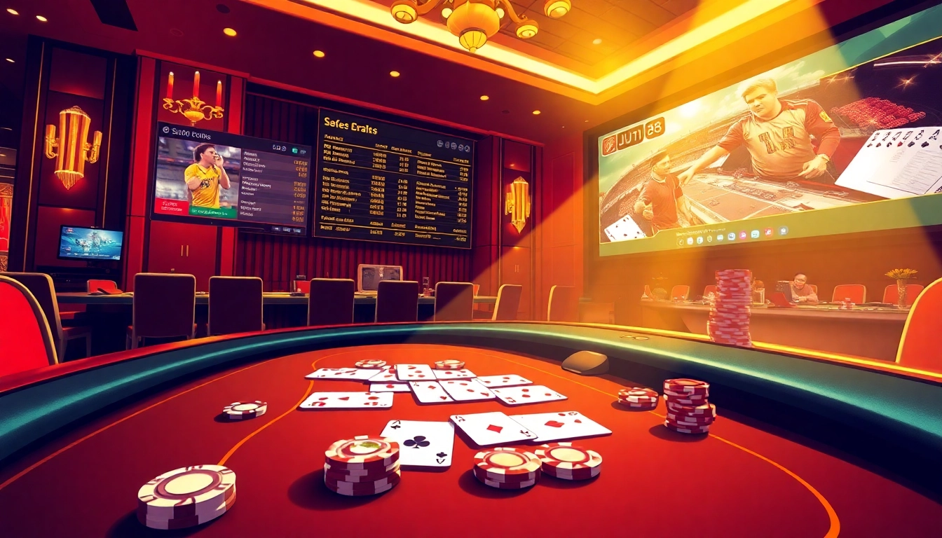 Engage in thrilling games at nhà cái jun88 with vibrant casino visuals showcasing poker tables and betting slips.