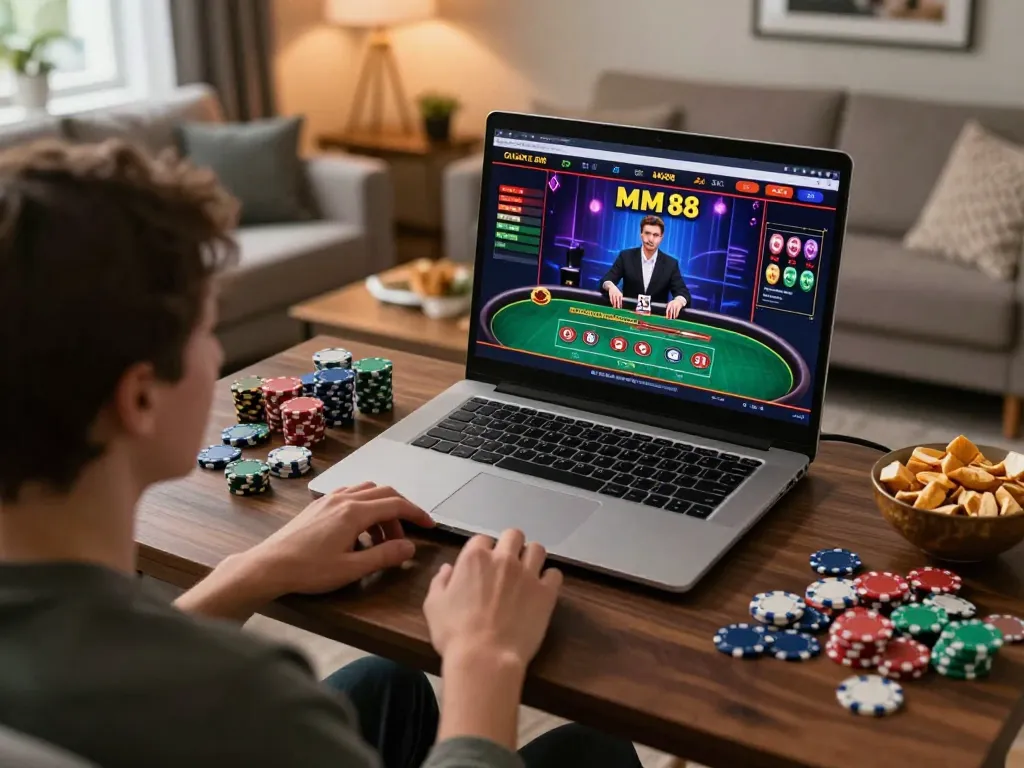 Experience the thrill of online gaming with MM 88 as a player engages with a live dealer.