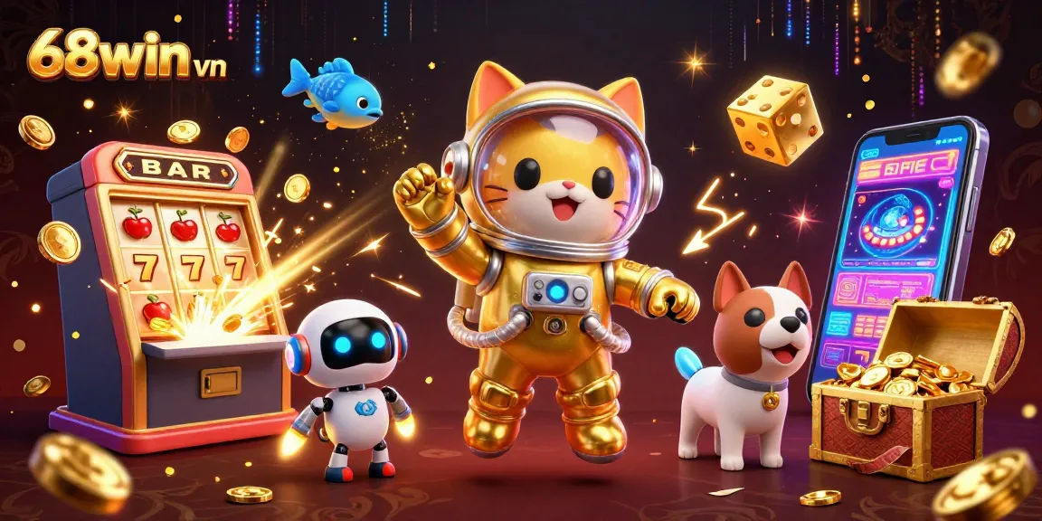 Experience the thrill of winning at 68win vn as a cartoon astronaut cat navigates a casino world with jackpot excitement!