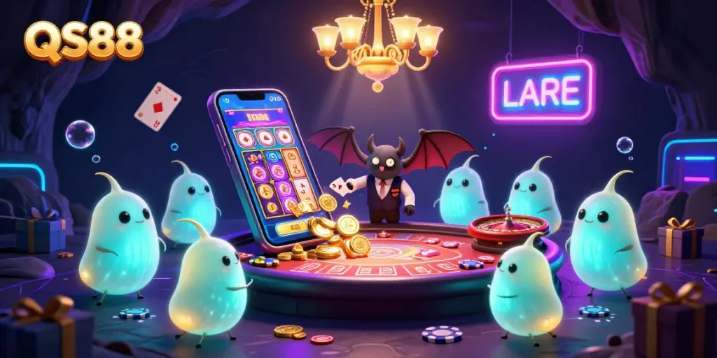 Experience excitement with QS88 in a vibrant 3D casino, featuring glowworms and a bat dealer.