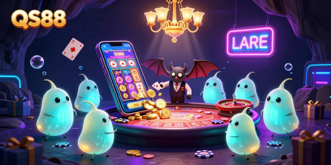 Experience excitement with QS88 in a vibrant 3D casino, featuring glowworms and a bat dealer.