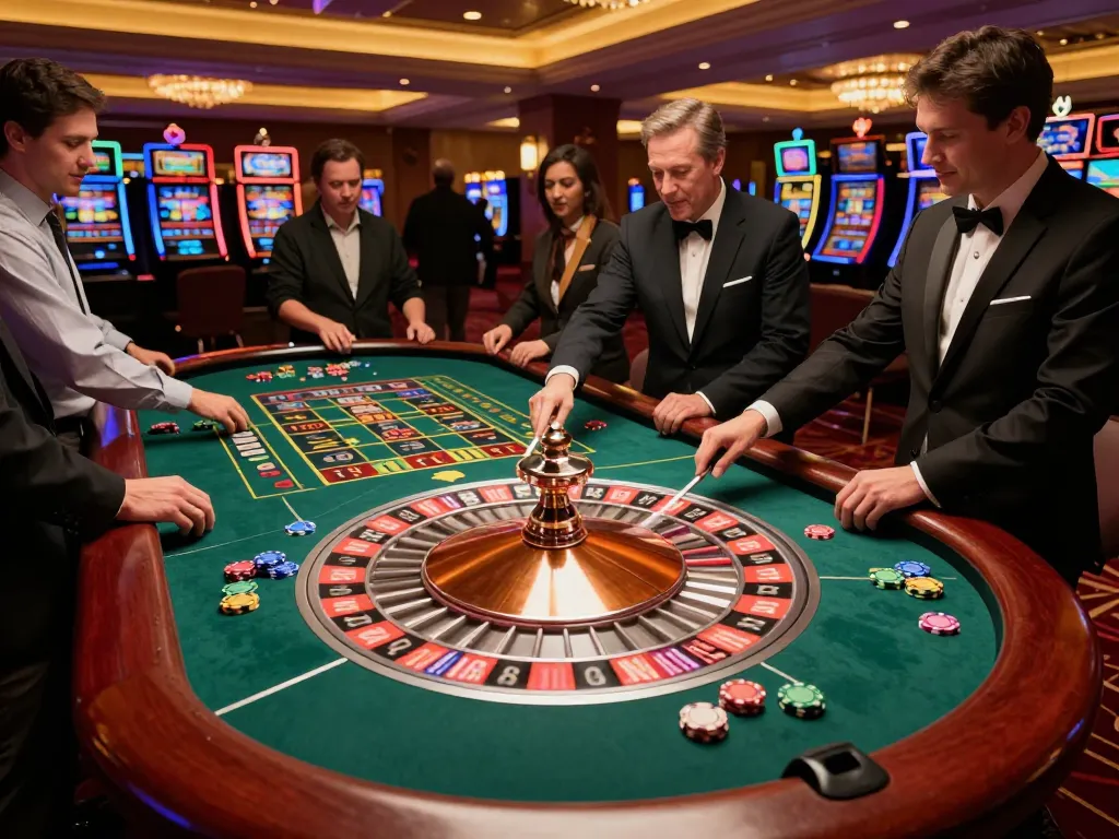 Players engaging at a lively roulette table in a casino, capturing the excitement of du88 betting.