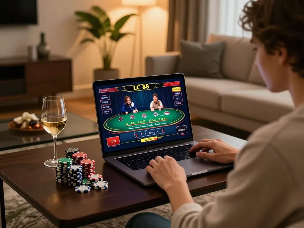 Engaged player using the LC 88 online casino interface on a laptop for strategic gameplay.