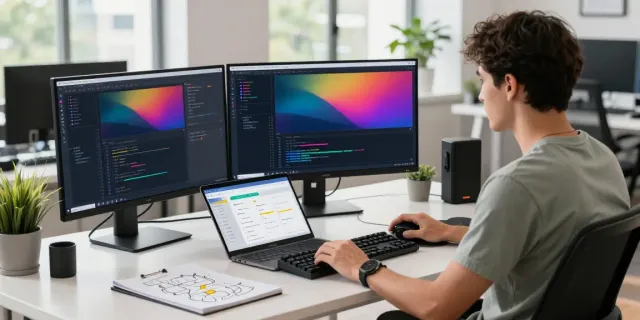 Developer using instant indexing software in a bright tech workspace.