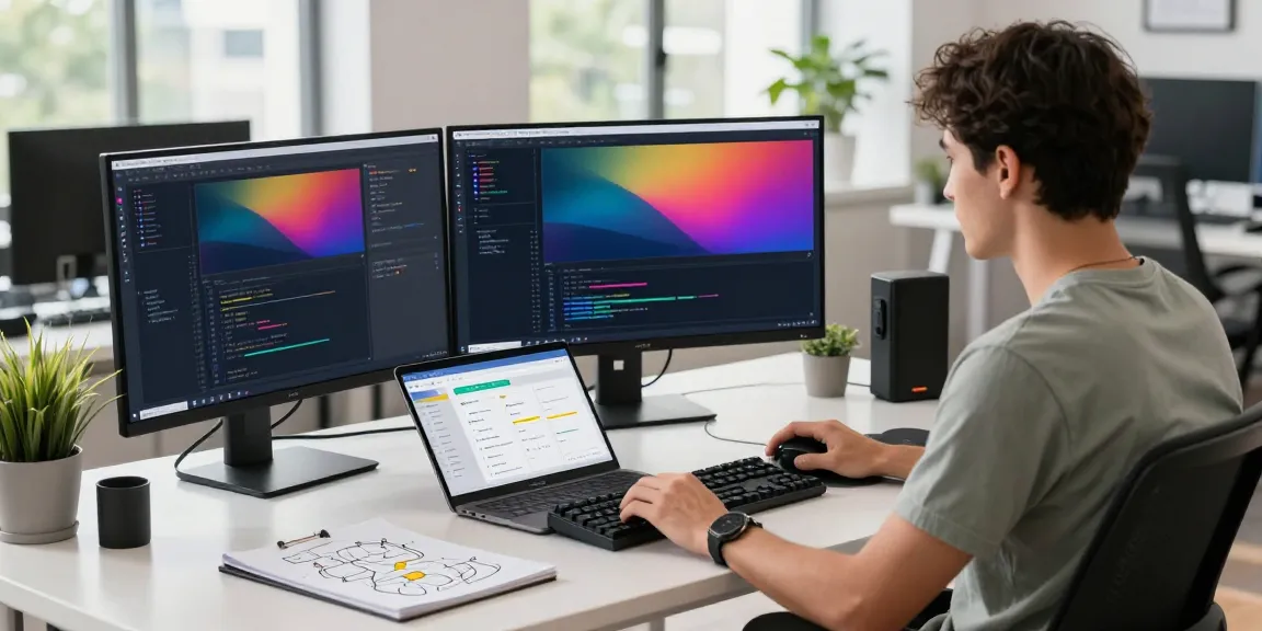 Developer using instant indexing software in a bright tech workspace.