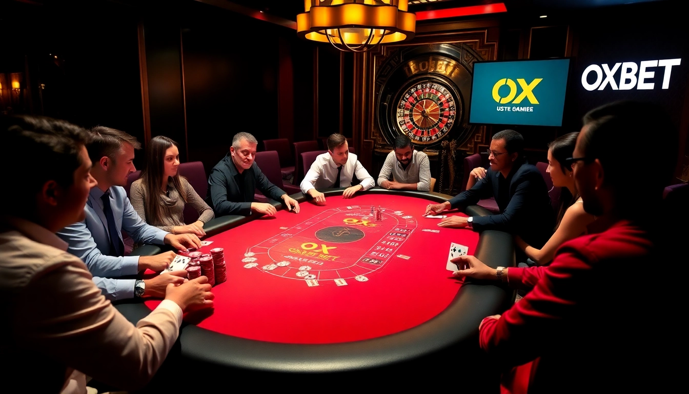 Bid excitement at https://oxbet.us.org/ with a lively poker game, displaying stacks of chips and engaged players.