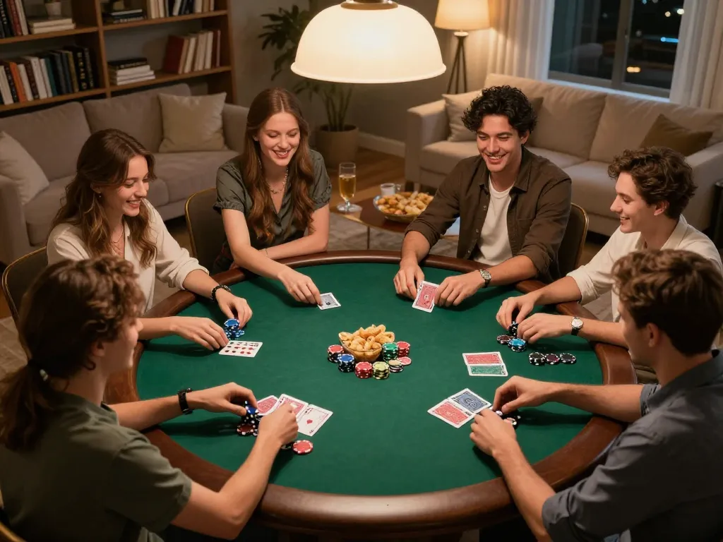 Friends enjoying a poker night at home with xin88 gaming atmosphere, showcasing chips and cards.